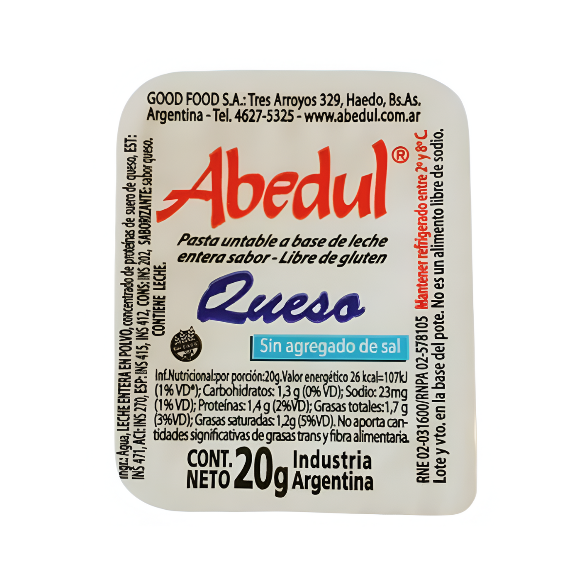QUESO UNTABLE S/SAL ABEDUL x120 u x 20 g